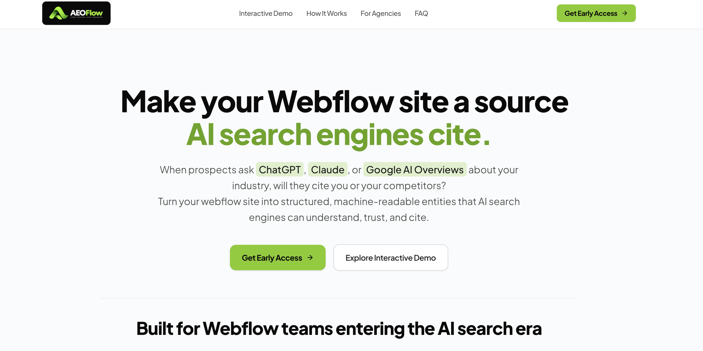 AEOFlow Webflow application interface demonstrating AI citations in ChatGPT and Google AI Overviews